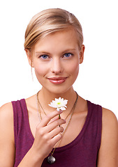 Image showing Studio, woman and portrait of daisy by white background and scent of perfume of natural botanicals. Model, face and creative inspiration with flower for stress relief and wellness with floral plant