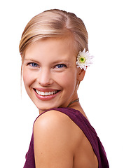 Image showing Flowers, smile and portrait of woman on a white background for skincare, wellness and spa aesthetic. Beauty, attractive and isolated person with floral, bloom or plant for natural cosmetics in studio