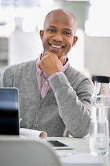 Image showing Smile, office and portrait of black man for confidence, tech or notes on career opportunity at startup. Proud, happy or professional businessman with job in project management, planning or consulting