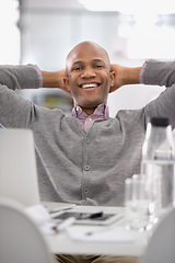 Image showing Relax, office and portrait of black man with smile, tech and career opportunity at startup. Proud, happy or professional businessman with job in project management, planning or consulting at desk