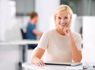 Image showing Smile, office and portrait of woman with confidence, technology and career opportunity at startup. Proud, happy or professional businesswoman with job in project management, development or consulting