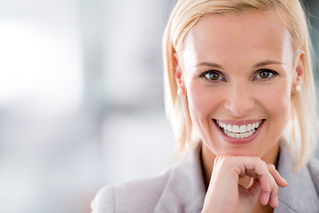 Image showing Smile, portrait and business woman in office with positive, good and confident attitude. Happy, job and face of professional person with pride for corporate finance career in workplace with mockup.