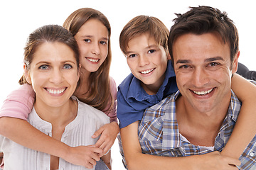 Image showing Happy family, portrait and hug with children for bonding, embrace or support on a white studio background. Face of mother, father and kids with smile for love, care or trust on holiday or weekend