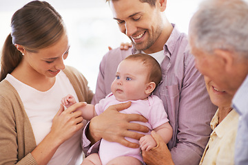 Image showing Family, grandparents with baby and parents are happy at home, people bonding with love and relationship. Support, trust and care, smile for pride and generations, childhood and connect with infant