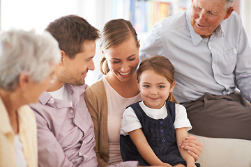 Image showing Parents, grandparents or child with portrait on sofa for healthy development, security or comfort in apartment. Family, men or woman with girl kid, happiness or bonding for parenting or love in house