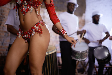 Image showing Woman, dancer and samba for carnival and music festival or street performance with costume closeup. Body of person dancing with drums for event, tourism and celebration or culture in Rio de Janeiro