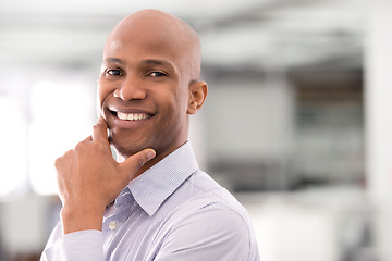 Image showing Smile, portrait and African businessman in office with positive, good and confident attitude. Happy, vision and face of professional male person with pride for corporate finance career in workplace.