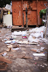 Image showing City, pollution and garbage or trash for litter, landfill and junkyard or destruction of climate. Outdoors, waste and ecological disaster or global problem, disposal and environment of dirt in town