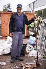 Image showing Mature man, broom and sweeping in portrait, hygiene and cleaning for sanitation in dirty outdoor. Male person, street cleaner and equipment for mess, pollution and person for protection of bacteria