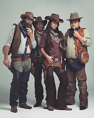 Image showing Vintage, fashion and portrait of cowboy in studio with clothes for halloween, character and costume. Man, woman and group of people with confidence for western, band and criminal lifestyle together