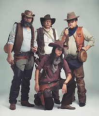 Image showing Vintage, western and portrait of cowboy in studio with fashion for halloween, costume and character. Man, woman and group of people with confidence for criminal, band and outlaw lifestyle together