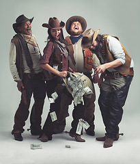 Image showing People, cowboys and happy for bank robbery in studio mockup, outlaw and wild west character with pistol. Texas, men or woman for money with weapon or vintage clothes or costume by white background