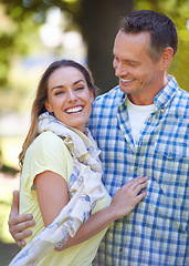 Image showing Forest, smile and couple in portrait with love for bonding, marriage and travel for anniversary in summer. Park, man and woman with happiness for commitment on date, holiday and vacation together