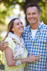 Image showing Park, summer and portrait of couple with love in countryside for bonding, marriage and anniversary in nature. Forest, man and woman with happiness for commitment on holiday, vacation and date