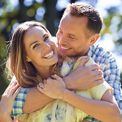 Image showing Portrait, embrace and happy couple with smile in park for summer romance, trees and fun outdoor date. Love, mature man and woman in garden with morning sunshine, hug and marriage bonding in nature.