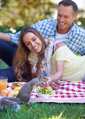 Image showing Couple, picnic and squirrel in outdoor nature, love and romance in relationship on weekend. Mature man, woman and people on date in countryside, smile and adventure in forest or happy on vacation