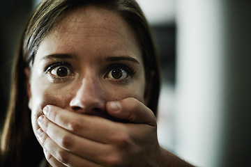 Image showing Woman, portrait and hand for hostage or scared victim for danger crime or terror anxiety, terrified or stalking. Female person, mouth and fingers of criminal in America or panic, fear or kidnapping