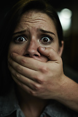 Image showing Woman, portrait and hand for kidnapping or scared victim for danger crime or terror anxiety, terrified or stalking. Female person, mouth and fingers of criminal in America or panic, fear or hostage
