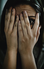 Image showing Portrait, horror and hands on face of woman to cover reaction from fear, panic or terror closeup. Anxiety, stress and mental health with scared young person hiding from danger, drama or violence