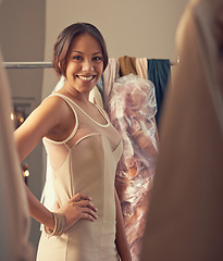 Image showing Happy woman, portrait or confident in elegant gown in hotel, fashion and trying on dresses for gala event. Smile face, lady or mirror reflection in style clothes or excited for formal party at night