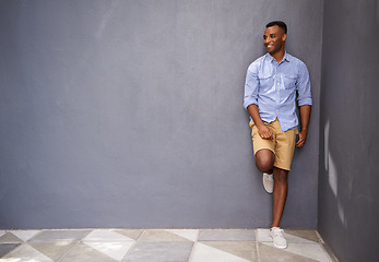 Image showing Man, smile and urban fashion or style by wall background, full body and cool outfit on mockup space. Happy black male person, university student and city for aesthetic, confident and trendy clothes