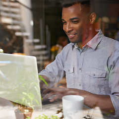Image showing Coffee, smile and man with laptop at internet cafe for remote work, copywriting and networking. Freelancer, computer and thinking in restaurant with research, typing email or planning for project