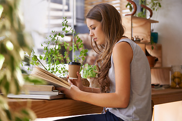 Image showing Coffee, reading and woman with book in cafeteria for knowledge with literature in morning. Diner, student and female person with novel or story drinking latte, espresso or cappuccino in restaurant.