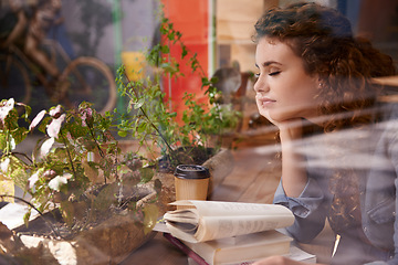Image showing Sleeping, reading and woman with book in cafeteria for knowledge with literature in morning. Diner, student and female person with novel or story drinking coffee, espresso or cappuccino in restaurant