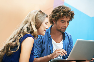 Image showing Laptop, scholarship and couple of friends on university or college campus together for learning or study. Computer, smile or education with happy young man and woman students on academy stairs