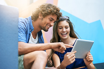 Image showing Tablet, scholarship and couple of friends on university or college campus together for learning or study. Technology, smile or education with happy young man and woman students on academy stairs