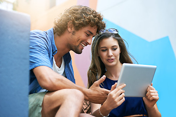 Image showing Tablet, education and couple of friends on university or college campus together for learning or study. Technology, smile or scholarship with happy young man and woman students on academy stairs