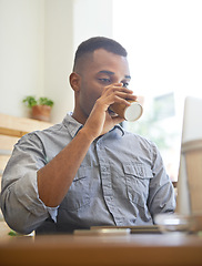 Image showing Cafe, black man and drinking coffee with laptop, remote work and breakfast in the morning. Latte, cup and freelancer on computer in shop with espresso, restaurant or copywriter reading email online