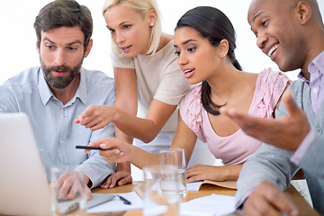 Image showing Group, laptop and business people planning, discussion or brainstorming ideas together in startup. Teamwork, computer and employees in collaboration, strategy and diverse creative writers in meeting