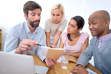 Image showing Team, notebook and business people listening to leader, brainstorming or mentor training interns in startup. Group, coaching and employees in collaboration, planning or creative designers in meeting