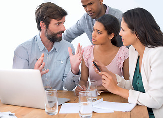 Image showing Group, laptop and business people planning with leader, training or brainstorming in creative startup. Team, computer and diverse employees in collaboration, coaching and serious designers in meeting