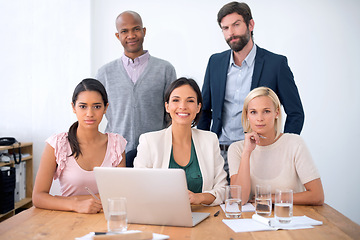 Image showing Portrait, laptop and group of colleagues in office, professional and working for creative company. Men, women and employees or staff of business in collaboration, meeting and copywriters with smile