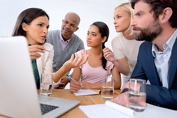 Image showing Group, laptop and business people training with leader, planning or brainstorming ideas in creative startup. Team, computer and mentor coaching diverse employees, internship and writers in meeting