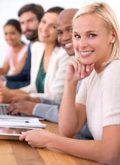 Image showing Business people, workshop and smile in office, accountants and laptops for finance project. Diverse, collaboration and tech with woman for meeting, listening and plans in team building portrait