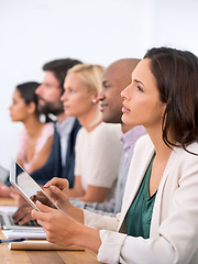 Image showing Group, business people and coworkers with tablet in meeting, briefing or conference for planning, teamwork and collaboration. Diversity, corporate workers and colleagues in boardroom at workplace