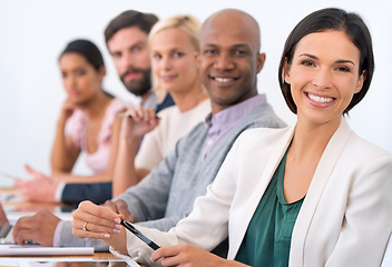 Image showing Meeting, smile and portrait of business people in office for company finance budget project. Happy, teamwork and group of financial advisors working in collaboration for discussion in workplace.