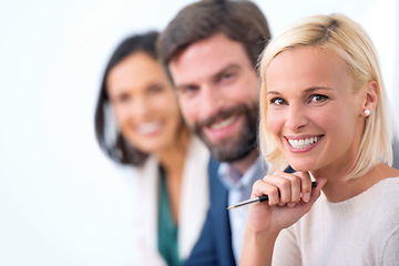 Image showing Happy, teamwork and portrait of business people in office for company finance budget project. Smile, professional and group of financial advisors work in meeting for collaboration in workplace.