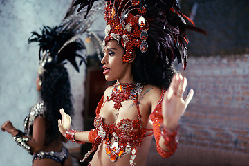 Image showing Samba, carnival or woman in costume for celebration, music culture or band in Rio de Janeiro, Brazil. Event, party or girl dancer with fashion or style at festival, parade or fun show for performance