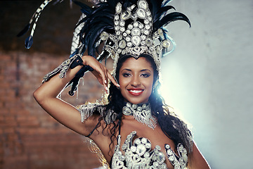 Image showing Night, carnival or happy woman in costume or portrait for celebration, music culture or band in Brazil. Event, samba or proud girl dancer with smile at festival, parade or fun show in Rio de Janeiro