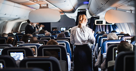 Image showing Interior of airplane with passengers on seats and stewardess in uniform walking the aisle, serving people. Commercial economy flight service concept.