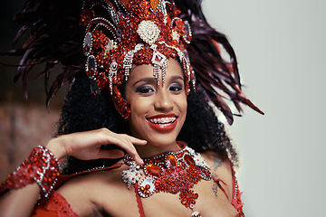 Image showing Samba, carnival or happy woman in costume or portrait for celebration, music culture or band in Brazil. Event, party or proud girl dancer with smile at festival, parade or fun show in Rio de Janeiro