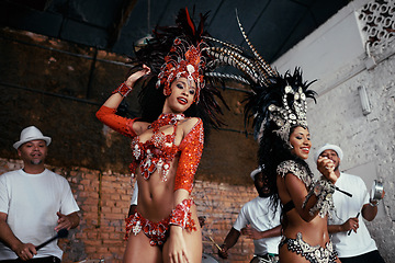 Image showing Performance, samba and women at carnival in costume for celebration, music culture and happy band in Brazil. Dance, party and girl friends together at festival, parade or stage show in Rio de Janeiro