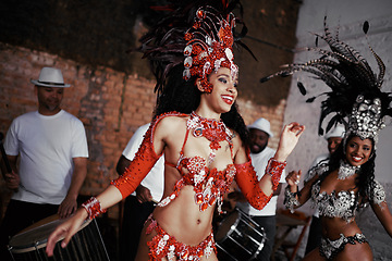 Image showing Show, dance and women at carnival in costume for celebration, music culture and happy band in Brazil. Samba, party and girl friends together at festival, parade or stage performance in Rio de Janeiro