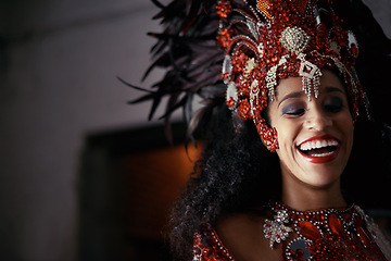 Image showing Face, samba and woman at carnival with costume in celebration of music, culture and happiness in Brazil. Dancer, party and laughing girl in fantasia at festival, parade or show in Rio de Janeiro.