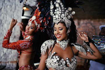 Image showing Samba, festival and women in costume together for celebration, music culture and happy band in Brazil. Dance, party and girl friends with smile at carnival, parade or stage show in Rio de Janeiro