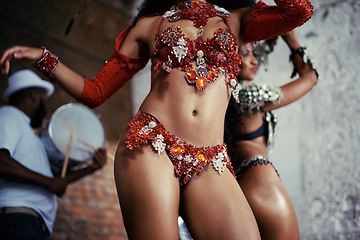 Image showing Samba, carnival or body of woman in costume for celebration, music culture or band in Brazil. Event, night or dancers with fashion at festival party, parade or show for performance in Rio de Janeiro